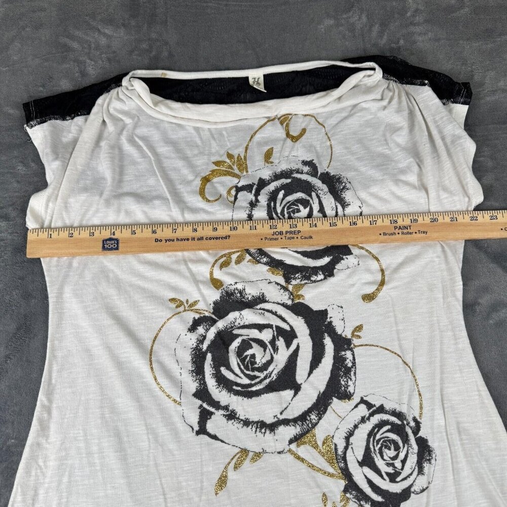 Hybrid Apparel Womens Top Size XL White Rose Graphic Gold Lace Back Biker Rock - Picture 3 of 6